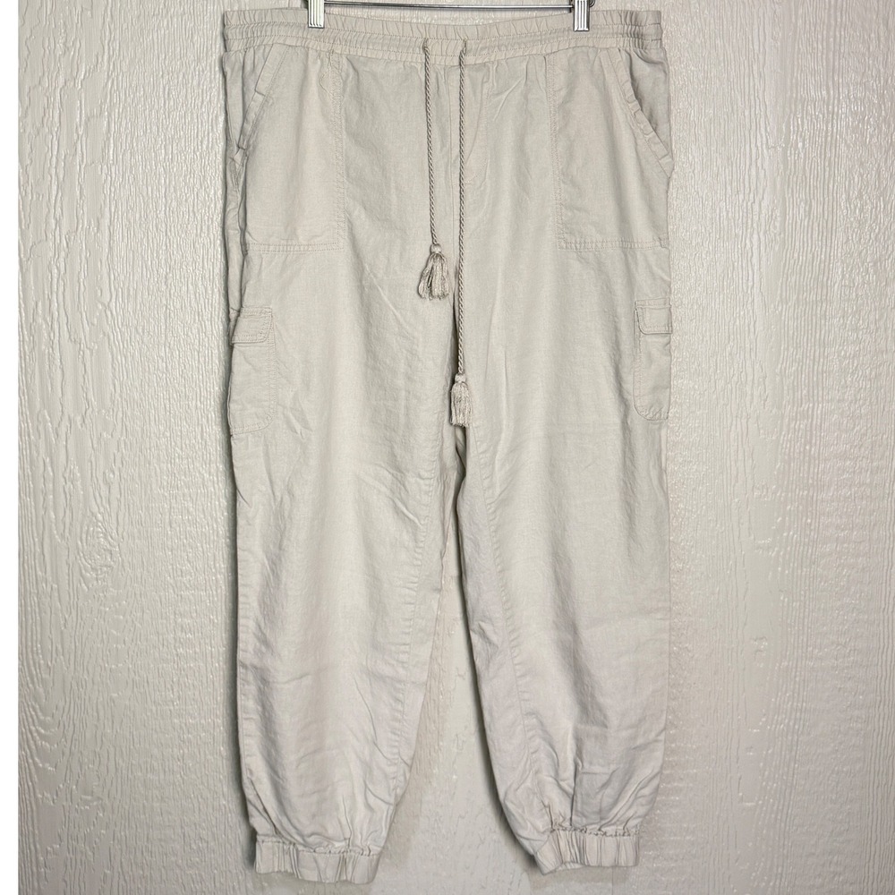 Caffe Marrakesh Womens XL Linen Blend Cargo Jogger Pants Beige Tassel